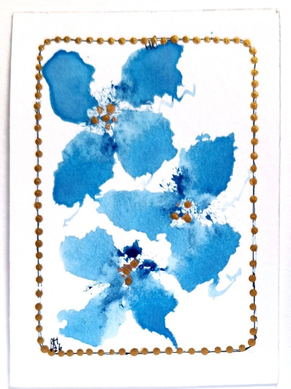 ACEO Watercolor Floral Rich Blue Tones with Gold Accents OOAK Ships Free